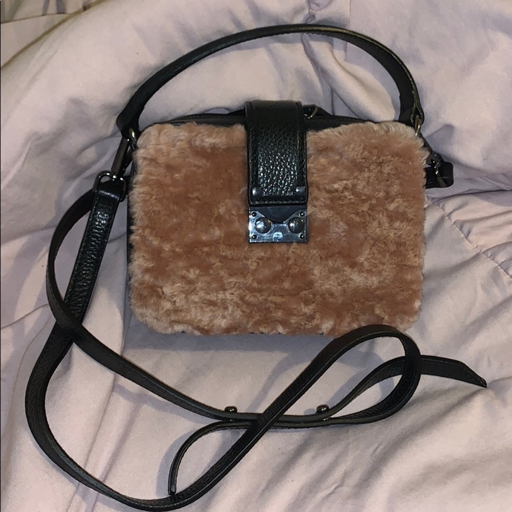 AQUA Pink Fur Italian Leather Crossbody Bag